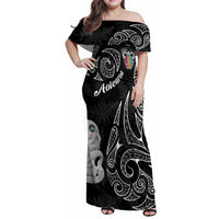 Kia Hara Te reo Maori Family Matching Off Shoulder Maxi Dress and Hawaiian Shirt Manaia Moko Pattern LT7 Mom's Dress Black - Polynesian Pride