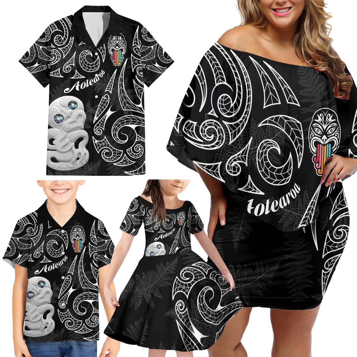 Kia Hara Te reo Maori Family Matching Off Shoulder Short Dress and Hawaiian Shirt Manaia Moko Pattern LT7 - Polynesian Pride