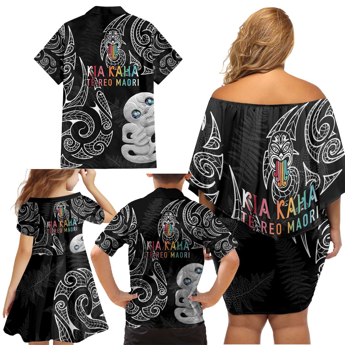 Kia Hara Te reo Maori Family Matching Off Shoulder Short Dress and Hawaiian Shirt Manaia Moko Pattern LT7 - Polynesian Pride