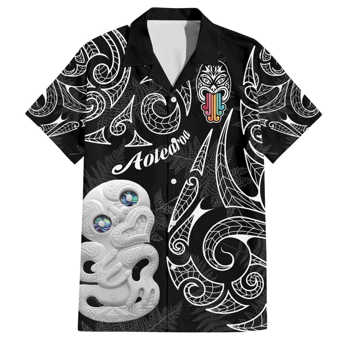 Kia Hara Te reo Maori Family Matching Off Shoulder Short Dress and Hawaiian Shirt Manaia Moko Pattern LT7 Dad's Shirt - Short Sleeve Black - Polynesian Pride