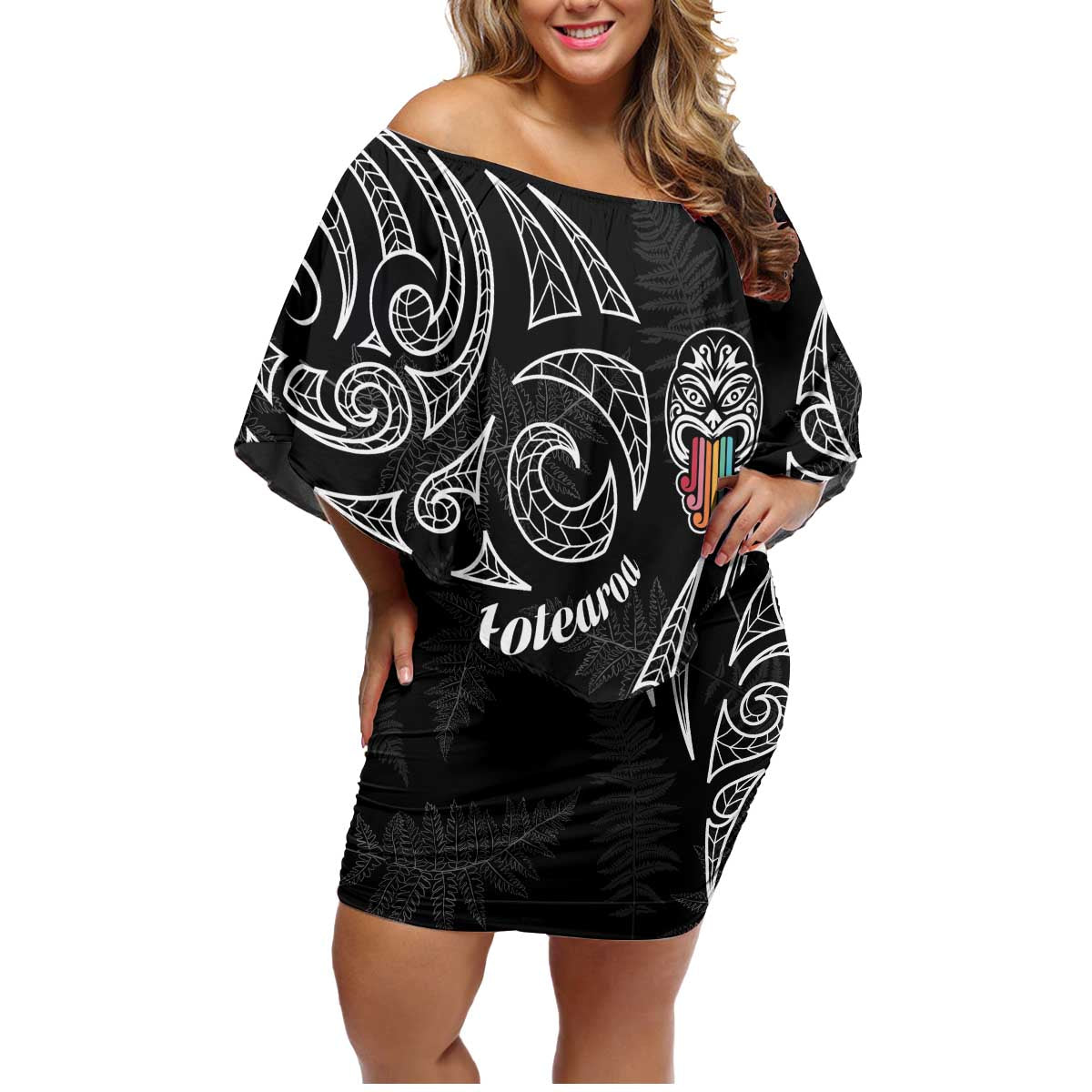 Kia Hara Te reo Maori Family Matching Off Shoulder Short Dress and Hawaiian Shirt Manaia Moko Pattern LT7 Mom's Dress Black - Polynesian Pride