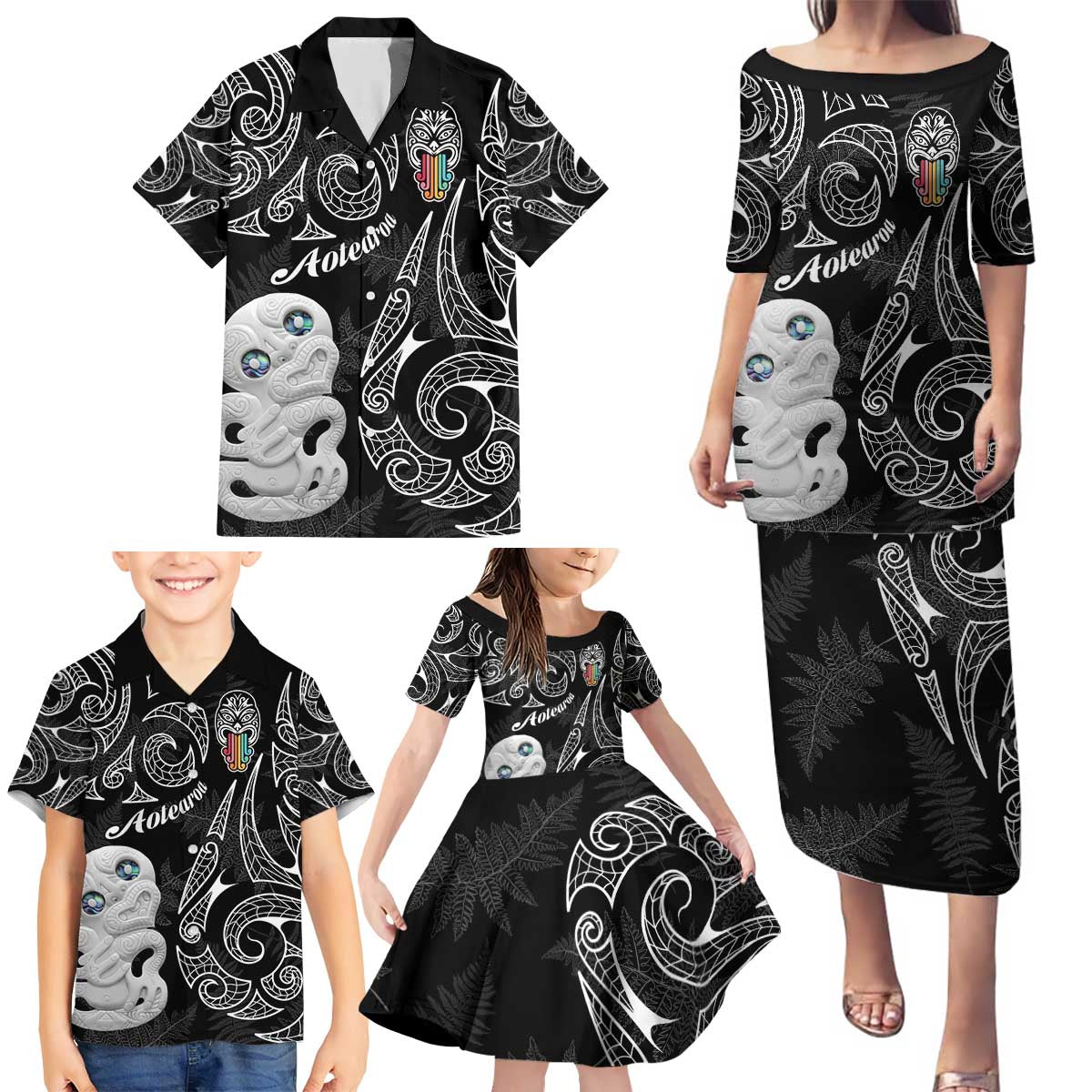 Kia Hara Te reo Maori Family Matching Puletasi and Hawaiian Shirt Manaia Moko Pattern LT7 - Polynesian Pride