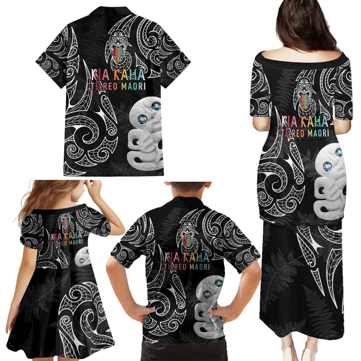 Kia Hara Te reo Maori Family Matching Puletasi and Hawaiian Shirt Manaia Moko Pattern LT7 - Polynesian Pride