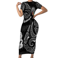Kia Hara Te reo Maori Family Matching Short Sleeve Bodycon Dress and Hawaiian Shirt Manaia Moko Pattern LT7 Mom's Dress Black - Polynesian Pride