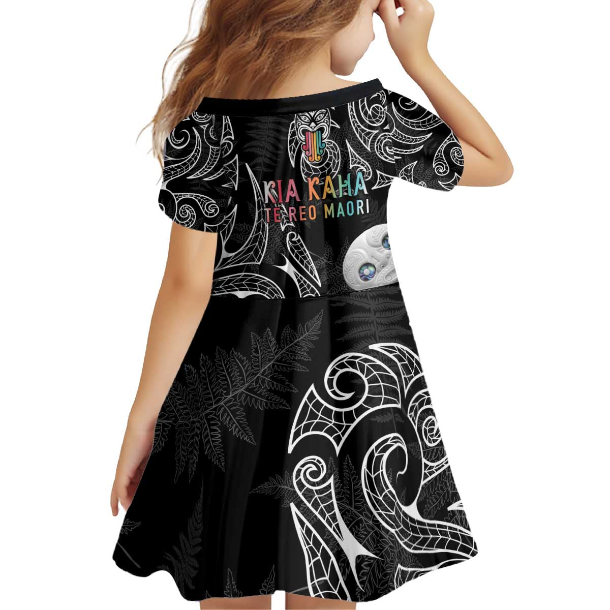 Kia Hara Te reo Maori Kid Short Sleeve Dress Manaia Moko Pattern