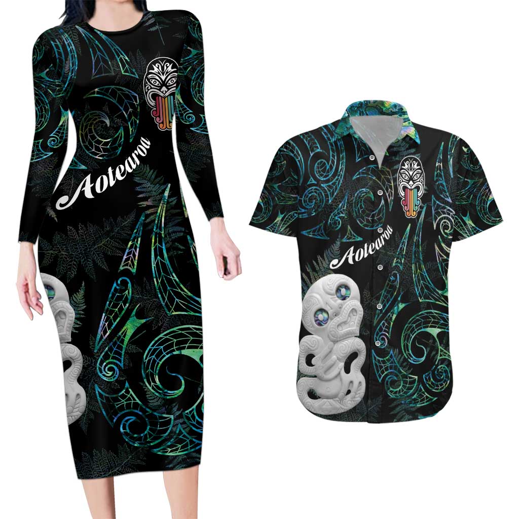 Kia Hara Te reo Maori Couples Matching Long Sleeve Bodycon Dress and Hawaiian Shirt Manaia Moko Mix Paua Shell LT7 Green - Polynesian Pride