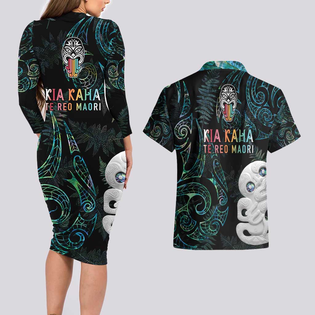 Kia Hara Te reo Maori Couples Matching Long Sleeve Bodycon Dress and Hawaiian Shirt Manaia Moko Mix Paua Shell LT7 - Polynesian Pride