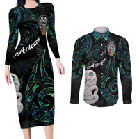 Kia Hara Te reo Maori Couples Matching Long Sleeve Bodycon Dress and Long Sleeve Button Shirt Manaia Moko Mix Paua Shell LT7 Green - Polynesian Pride