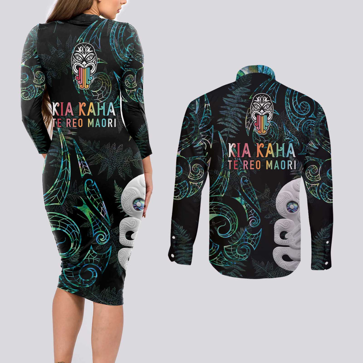 Kia Hara Te reo Maori Couples Matching Long Sleeve Bodycon Dress and Long Sleeve Button Shirt Manaia Moko Mix Paua Shell LT7 - Polynesian Pride