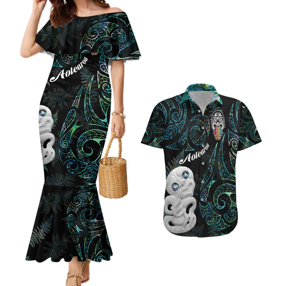 Kia Hara Te reo Maori Couples Matching Mermaid Dress and Hawaiian Shirt Manaia Moko Mix Paua Shell LT7 Green - Polynesian Pride