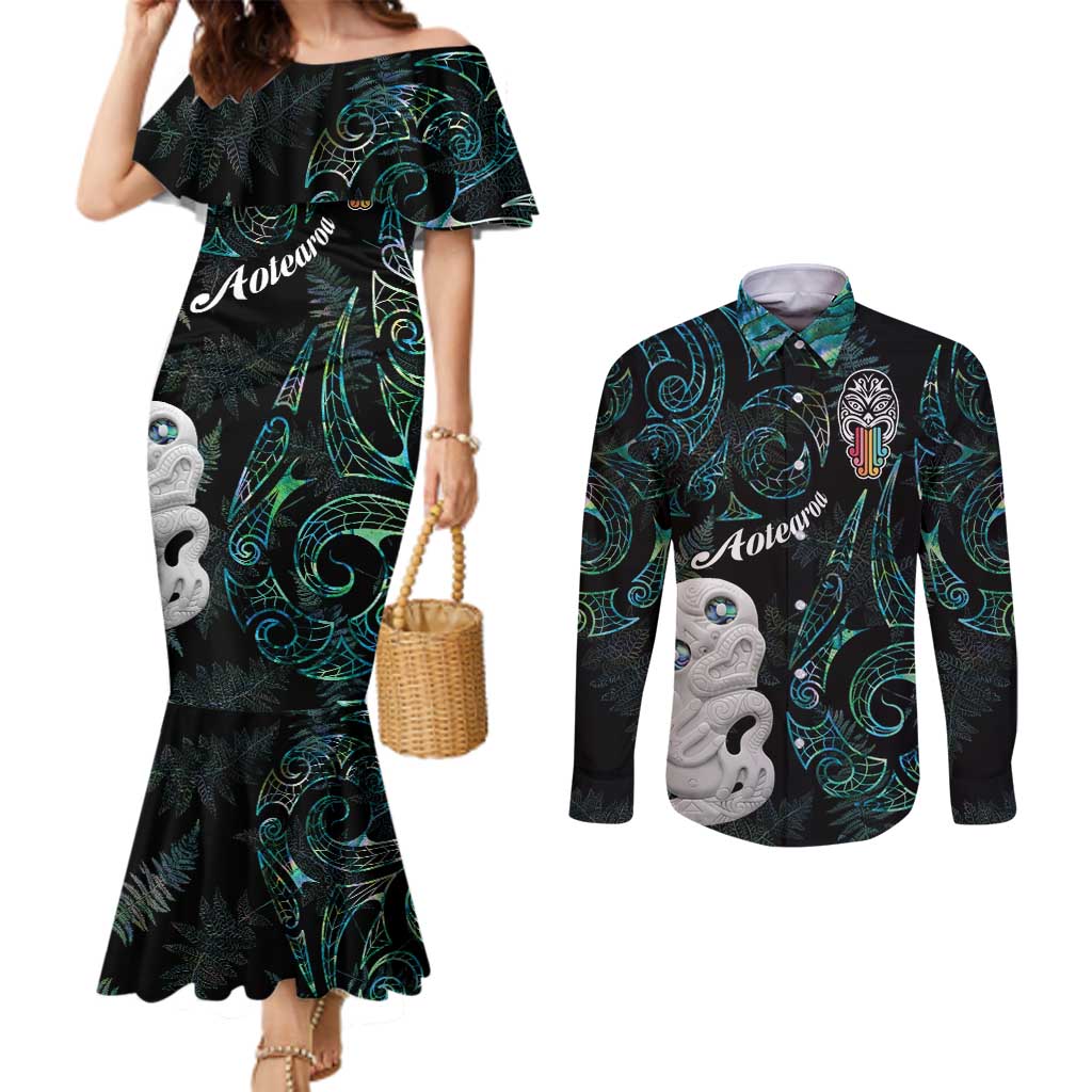 Kia Hara Te reo Maori Couples Matching Mermaid Dress and Long Sleeve Button Shirt Manaia Moko Mix Paua Shell LT7 Green - Polynesian Pride