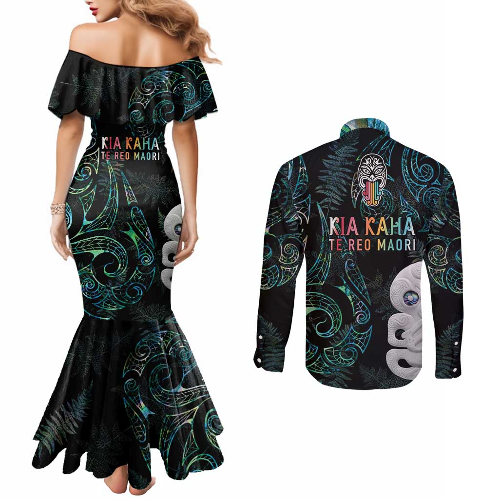 Kia Hara Te reo Maori Couples Matching Mermaid Dress and Long Sleeve Button Shirt Manaia Moko Mix Paua Shell LT7 - Polynesian Pride