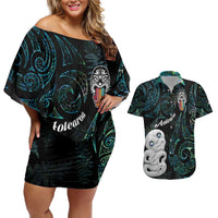 Kia Hara Te reo Maori Couples Matching Off Shoulder Short Dress and Hawaiian Shirt Manaia Moko Mix Paua Shell LT7 Green - Polynesian Pride