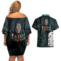 Kia Hara Te reo Maori Couples Matching Off Shoulder Short Dress and Hawaiian Shirt Manaia Moko Mix Paua Shell LT7 - Polynesian Pride