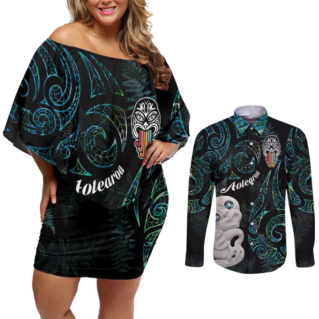 Kia Hara Te reo Maori Couples Matching Off Shoulder Short Dress and Long Sleeve Button Shirt Manaia Moko Mix Paua Shell LT7 Green - Polynesian Pride