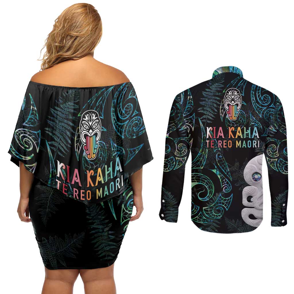 Kia Hara Te reo Maori Couples Matching Off Shoulder Short Dress and Long Sleeve Button Shirt Manaia Moko Mix Paua Shell LT7 - Polynesian Pride