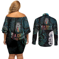 Kia Hara Te reo Maori Couples Matching Off Shoulder Short Dress and Long Sleeve Button Shirt Manaia Moko Mix Paua Shell LT7 - Polynesian Pride