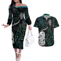 Kia Hara Te reo Maori Couples Matching Off The Shoulder Long Sleeve Dress and Hawaiian Shirt Manaia Moko Mix Paua Shell LT7 Green - Polynesian Pride