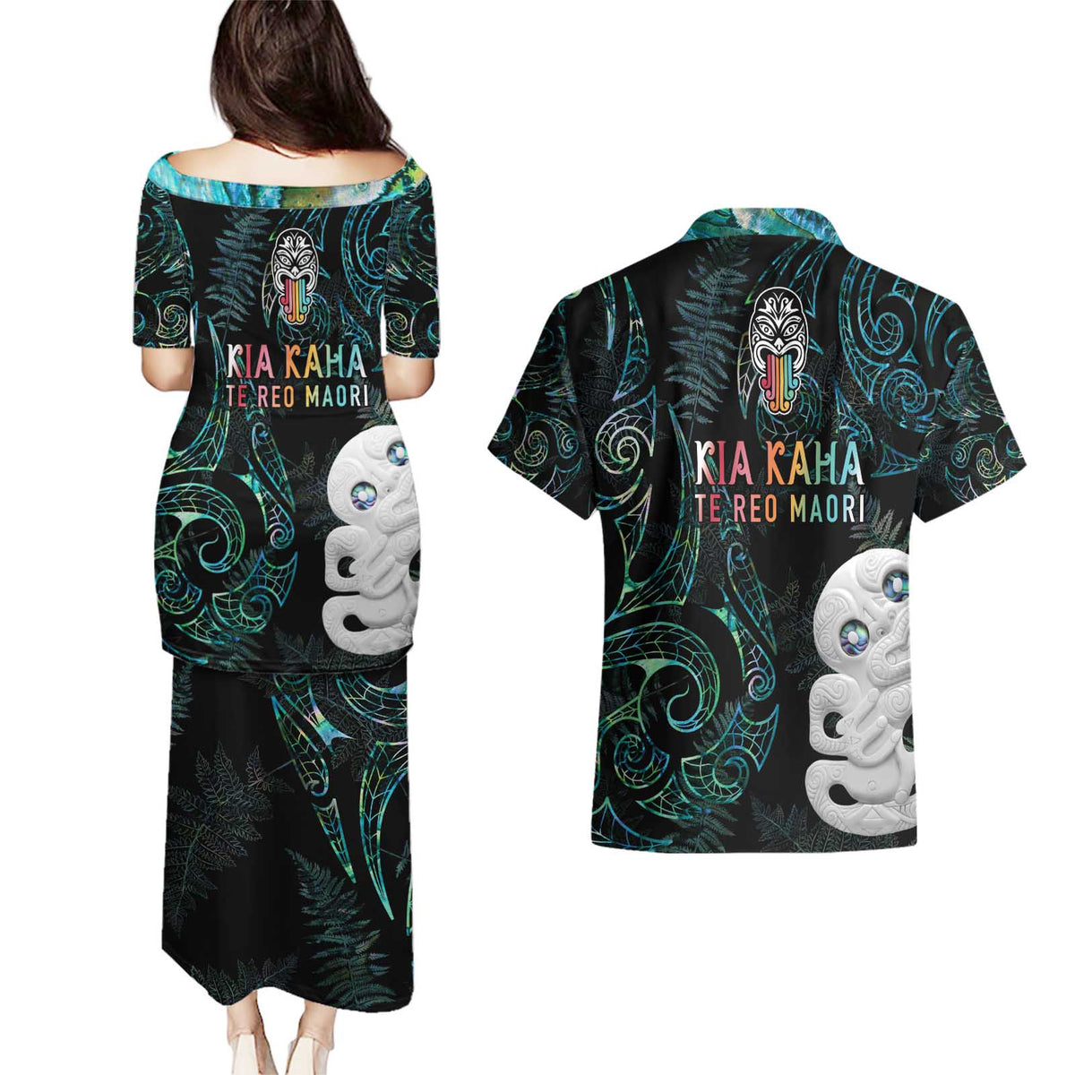 Kia Hara Te reo Maori Couples Matching Puletasi and Hawaiian Shirt Manaia Moko Mix Paua Shell LT7 - Polynesian Pride