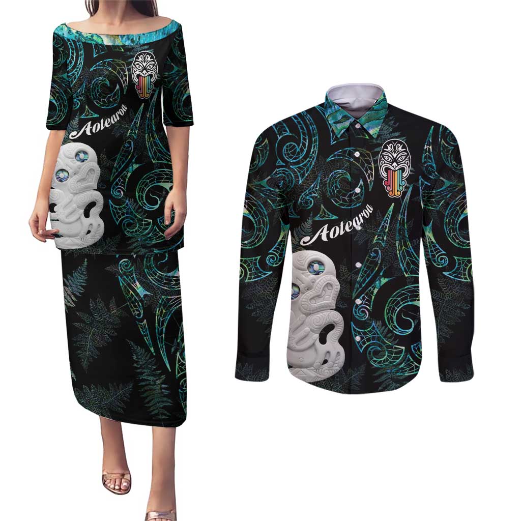 Kia Hara Te reo Maori Couples Matching Puletasi and Long Sleeve Button Shirt Manaia Moko Mix Paua Shell