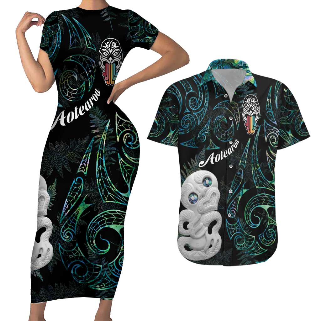 Kia Hara Te reo Maori Couples Matching Short Sleeve Bodycon Dress and Hawaiian Shirt Manaia Moko Mix Paua Shell LT7 Green - Polynesian Pride