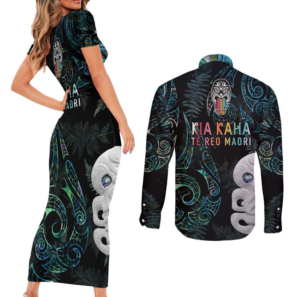 Kia Hara Te reo Maori Couples Matching Short Sleeve Bodycon Dress and Long Sleeve Button Shirt Manaia Moko Mix Paua Shell LT7 - Polynesian Pride