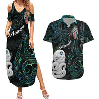 Kia Hara Te reo Maori Couples Matching Summer Maxi Dress and Hawaiian Shirt Manaia Moko Mix Paua Shell LT7 Green - Polynesian Pride