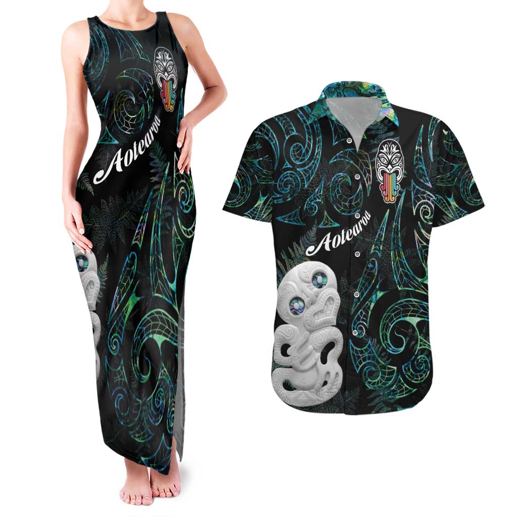 Kia Hara Te reo Maori Couples Matching Tank Maxi Dress and Hawaiian Shirt Manaia Moko Mix Paua Shell LT7 Green - Polynesian Pride
