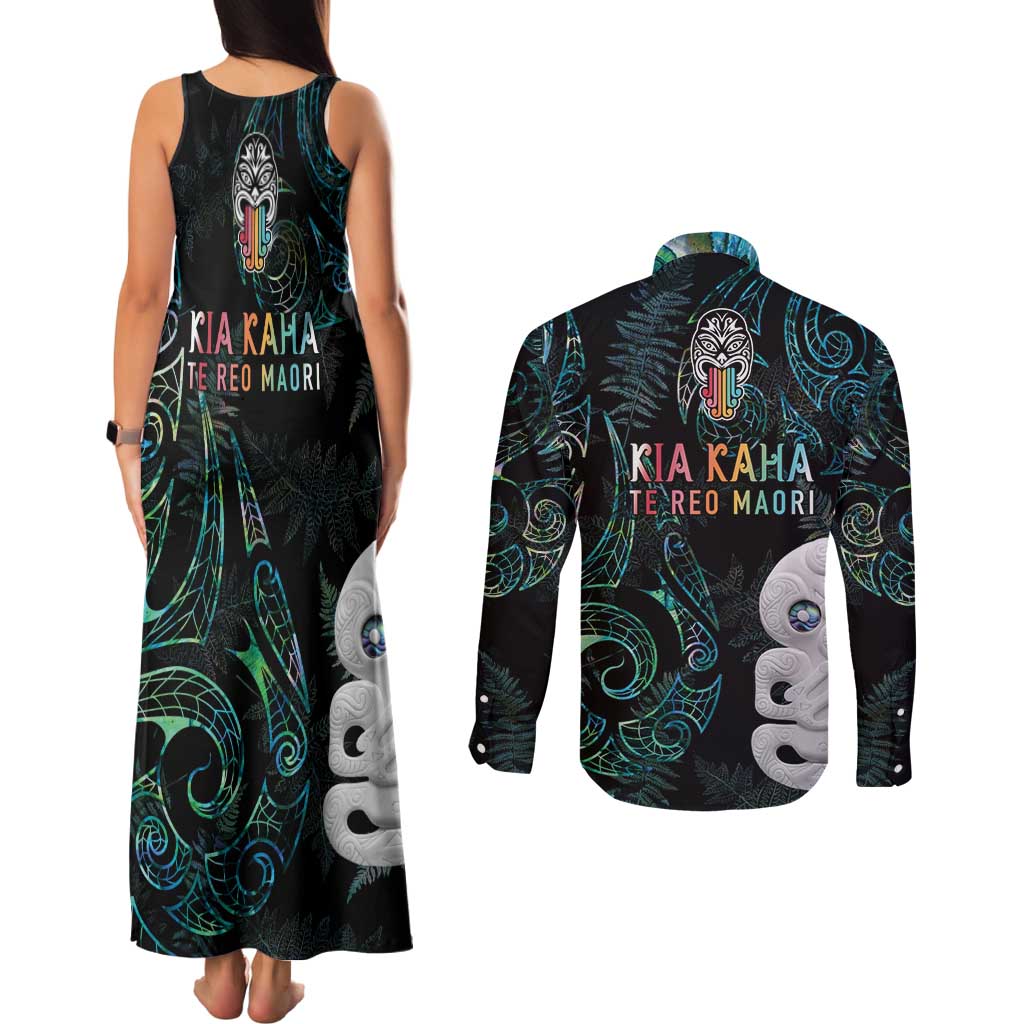 Kia Hara Te reo Maori Couples Matching Tank Maxi Dress and Long Sleeve Button Shirt Manaia Moko Mix Paua Shell LT7 - Polynesian Pride