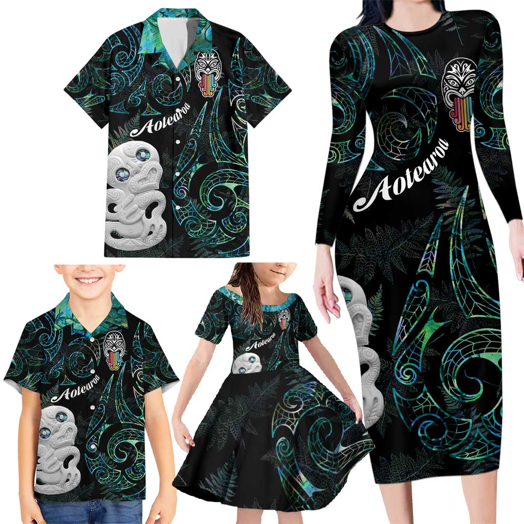 Kia Hara Te reo Maori Family Matching Long Sleeve Bodycon Dress and Hawaiian Shirt Manaia Moko Mix Paua Shell LT7 - Polynesian Pride