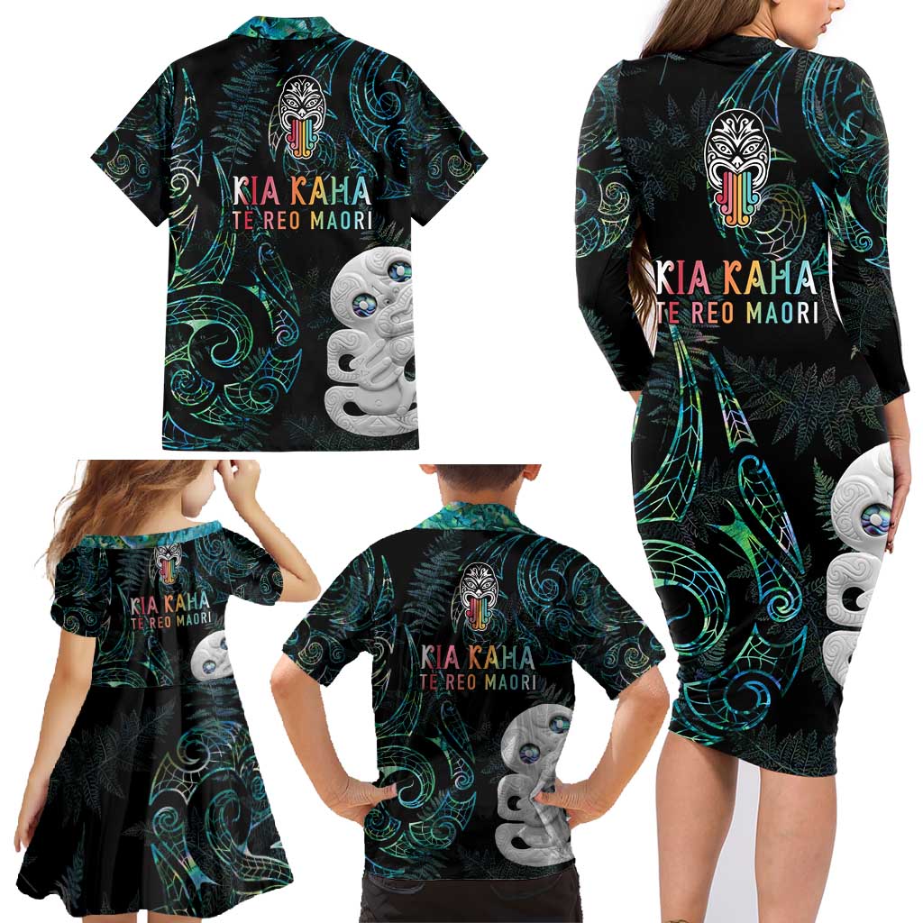 Kia Hara Te reo Maori Family Matching Long Sleeve Bodycon Dress and Hawaiian Shirt Manaia Moko Mix Paua Shell LT7 - Polynesian Pride