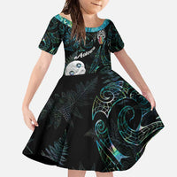 Kia Hara Te reo Maori Family Matching Mermaid Dress and Hawaiian Shirt Manaia Moko Mix Paua Shell LT7 Daughter's Dress Green - Polynesian Pride