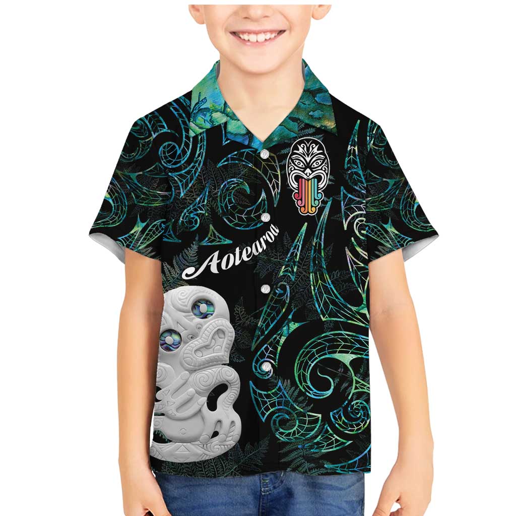 Kia Hara Te reo Maori Family Matching Mermaid Dress and Hawaiian Shirt Manaia Moko Mix Paua Shell LT7 Son's Shirt Green - Polynesian Pride