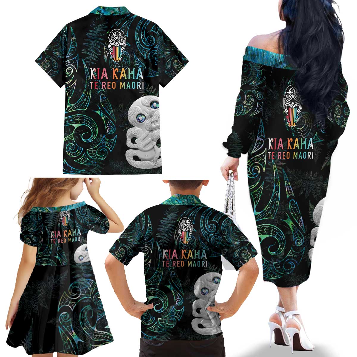 Kia Hara Te reo Maori Family Matching Off The Shoulder Long Sleeve Dress and Hawaiian Shirt Manaia Moko Mix Paua Shell LT7 - Polynesian Pride