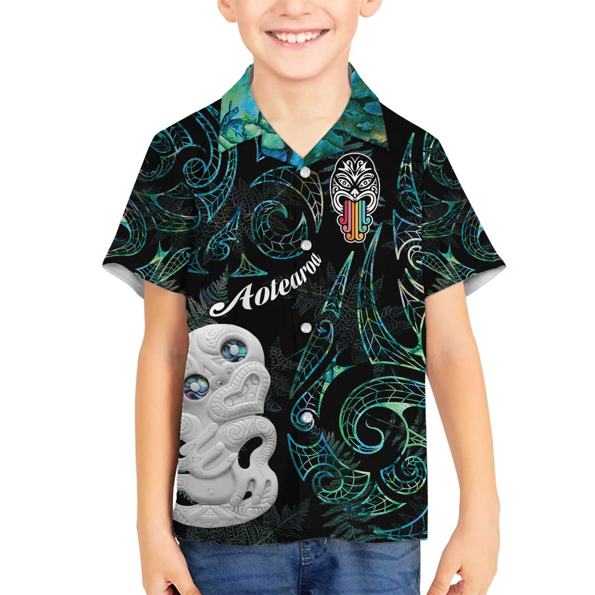 Kia Hara Te reo Maori Family Matching Off The Shoulder Long Sleeve Dress and Hawaiian Shirt Manaia Moko Mix Paua Shell LT7 Son's Shirt Green - Polynesian Pride
