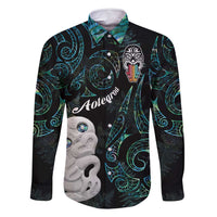 Kia Hara Te reo Maori Family Matching Off Shoulder Maxi Dress and Hawaiian Shirt Manaia Moko Mix Paua Shell LT7 Dad's Shirt - Long Sleeve Green - Polynesian Pride