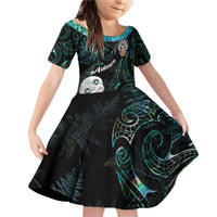 Kia Hara Te reo Maori Family Matching Off Shoulder Short Dress and Hawaiian Shirt Manaia Moko Mix Paua Shell LT7 Daughter's Dress Green - Polynesian Pride