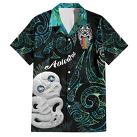 Kia Hara Te reo Maori Family Matching Off Shoulder Short Dress and Hawaiian Shirt Manaia Moko Mix Paua Shell LT7 Dad's Shirt - Short Sleeve Green - Polynesian Pride