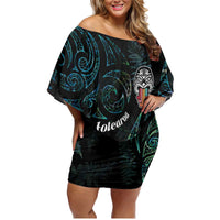 Kia Hara Te reo Maori Family Matching Off Shoulder Short Dress and Hawaiian Shirt Manaia Moko Mix Paua Shell LT7 Mom's Dress Green - Polynesian Pride