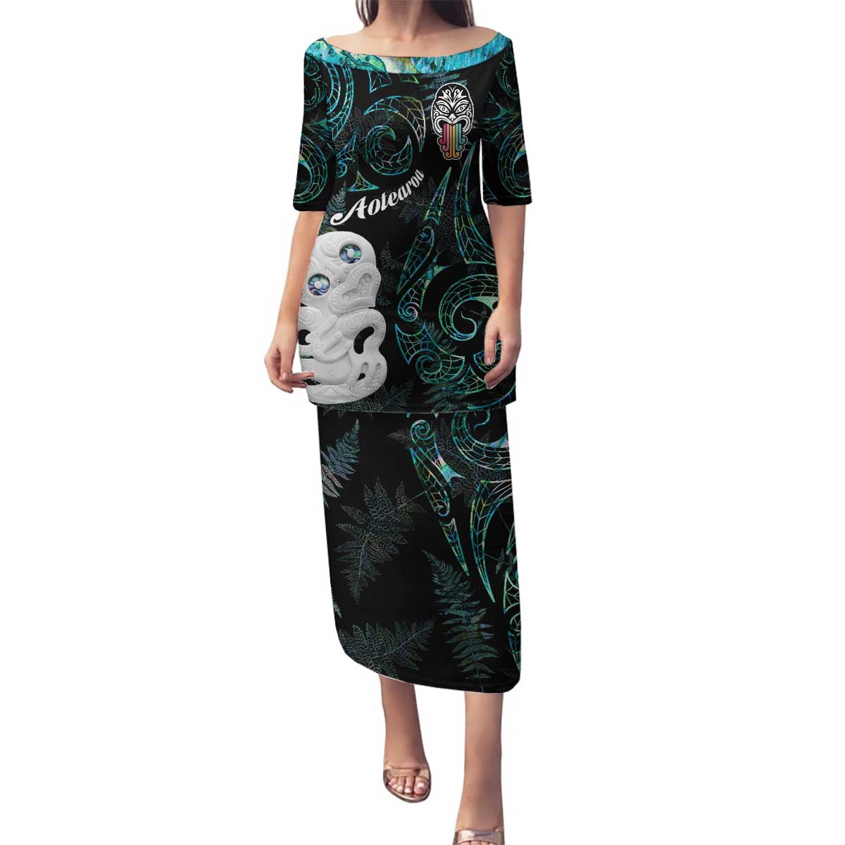 Kia Hara Te reo Maori Family Matching Puletasi and Hawaiian Shirt Manaia Moko Mix Paua Shell LT7 Mom's Dress Green - Polynesian Pride
