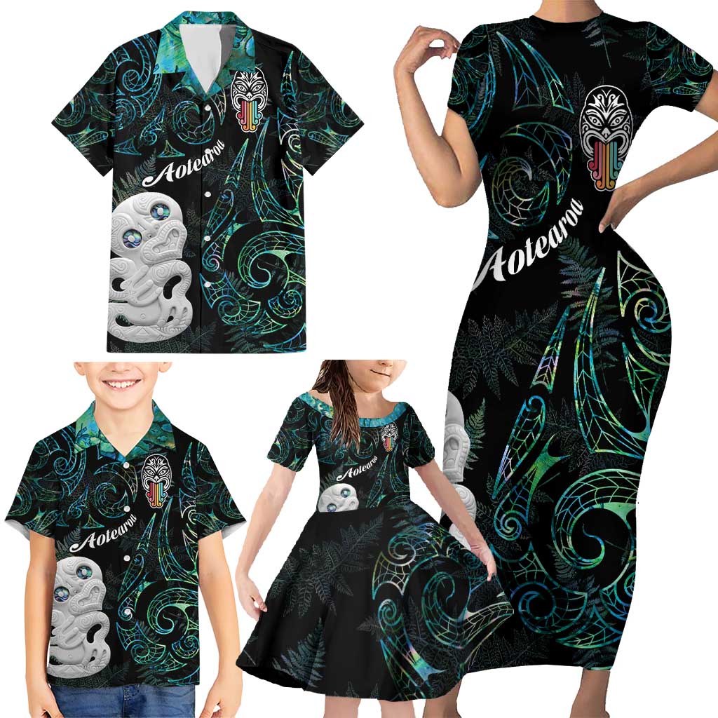 Kia Hara Te reo Maori Family Matching Short Sleeve Bodycon Dress and Hawaiian Shirt Manaia Moko Mix Paua Shell LT7 - Polynesian Pride