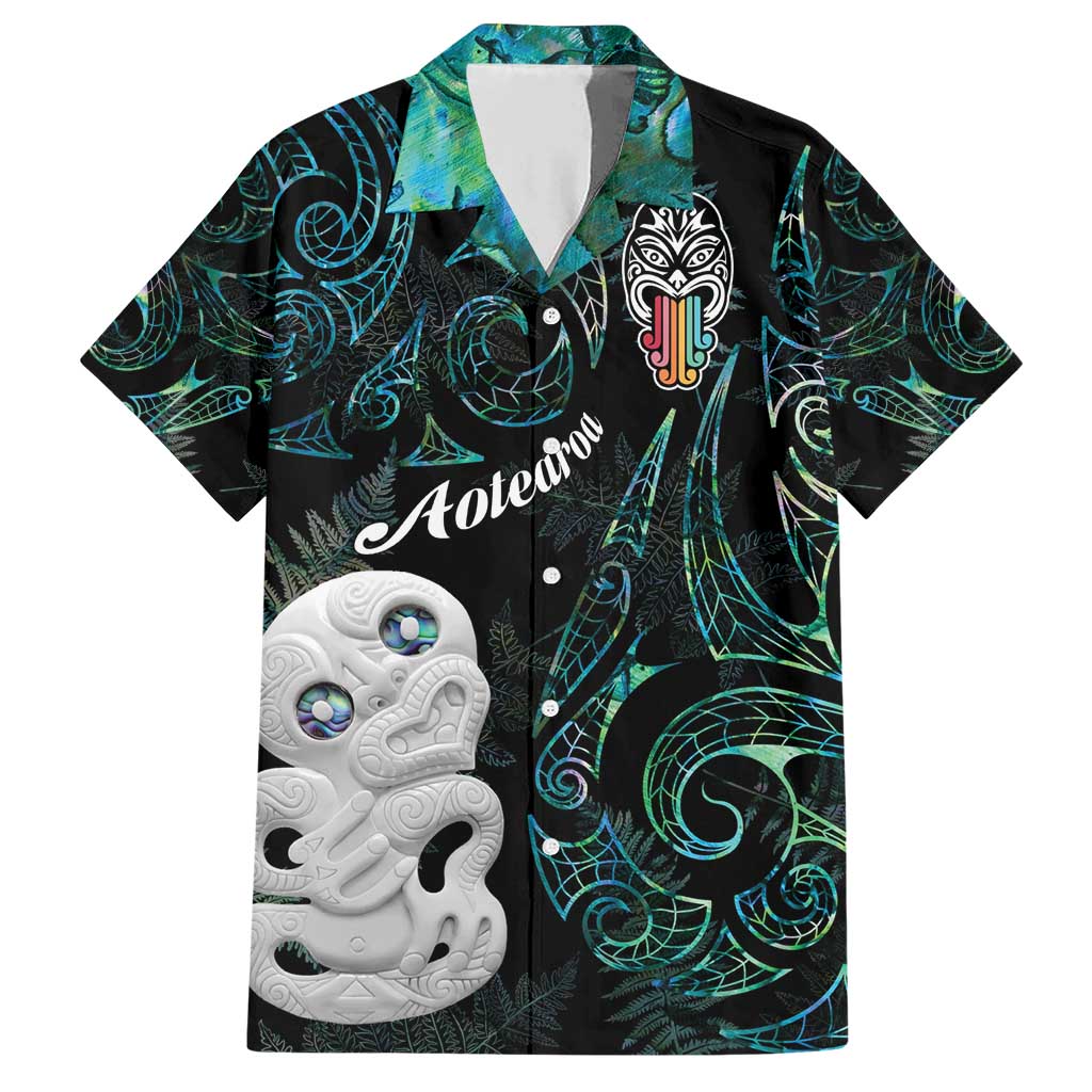 Kia Hara Te reo Maori Family Matching Short Sleeve Bodycon Dress and Hawaiian Shirt Manaia Moko Mix Paua Shell LT7 Dad's Shirt - Short Sleeve Green - Polynesian Pride
