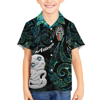 Kia Hara Te reo Maori Family Matching Summer Maxi Dress and Hawaiian Shirt Manaia Moko Mix Paua Shell LT7 Son's Shirt Green - Polynesian Pride