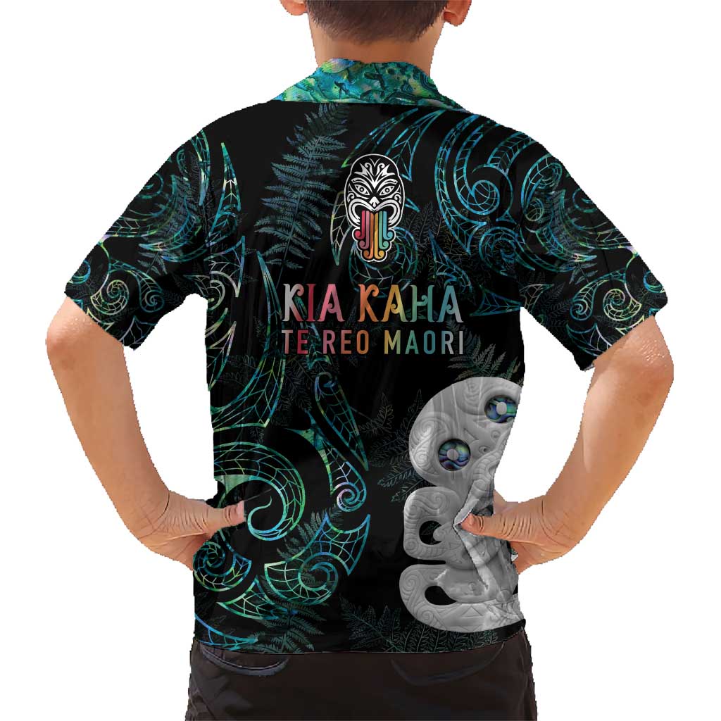 Kia Hara Te reo Maori Kid Hawaiian Shirt Manaia Moko Mix Paua Shell
