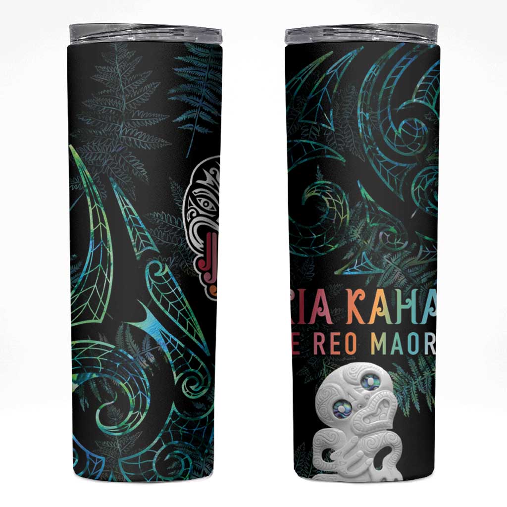 Kia Hara Te reo Maori Skinny Tumbler Manaia Moko Mix Paua Shell LT7 Green - Polynesian Pride