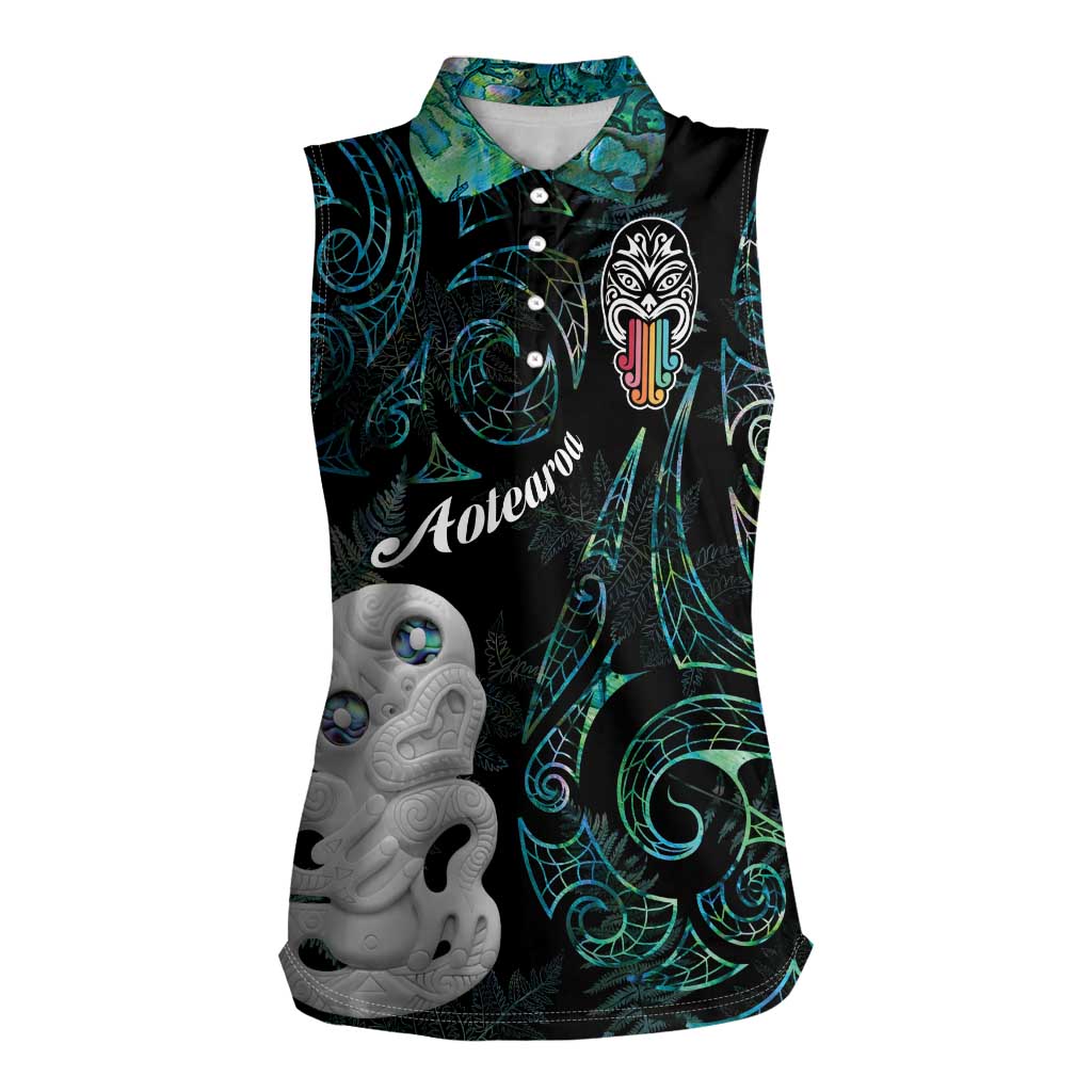 Kia Hara Te reo Maori Women Sleeveless Polo Shirt Manaia Moko Mix Paua Shell LT7 Female Green - Polynesian Pride