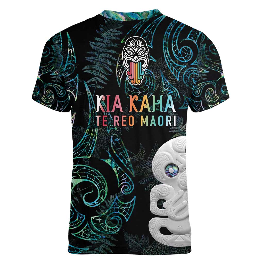 Kia Hara Te reo Maori Women V-Neck T-Shirt Manaia Moko Mix Paua Shell LT7 - Polynesian Pride