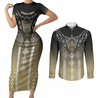 Aotearoa Maori Iwi Heritage Couples Matching Short Sleeve Bodycon Dress and Long Sleeve Button Shirt Waikato Tainui Parauri LT7 Earth Gold - Polynesian Pride
