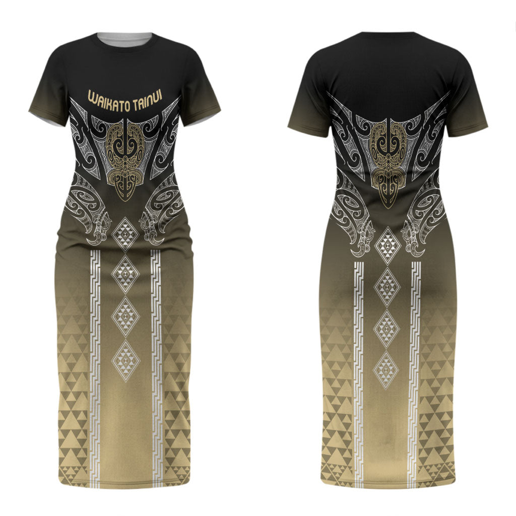 Aotearoa Maori Iwi Heritage Couples Matching Short Sleeve Bodycon Dress and Long Sleeve Button Shirt Waikato Tainui Parauri LT7 - Polynesian Pride