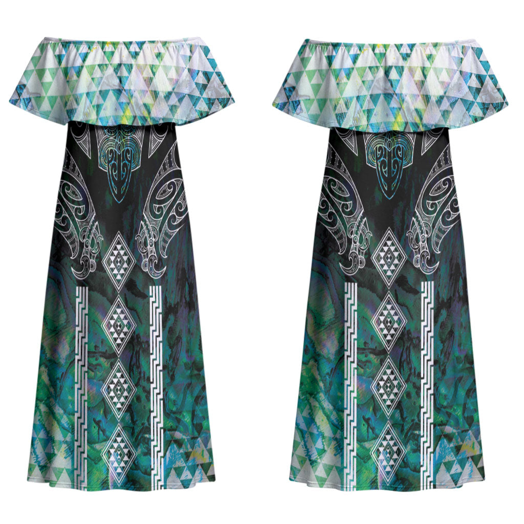 Aotearoa Maori Iwi Heritage Couples Matching Off Shoulder Maxi Dress and Long Sleeve Button Shirt Ngati Kahungunu Paua Shell Turquoise LT7 - Polynesian Pride